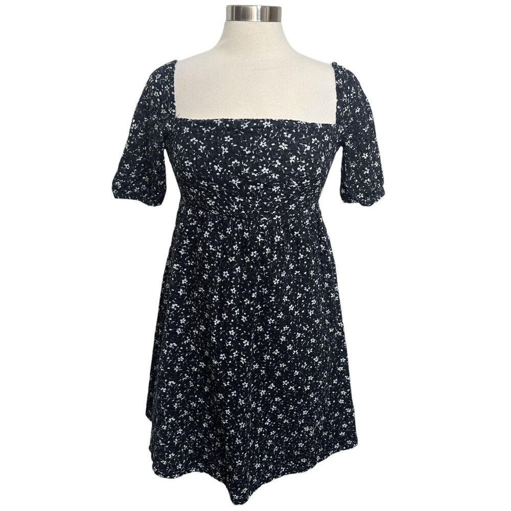 Anthro Maeve Size 4 Navy White Floral Eyelet Lace Puff Sleeve A-Line Mini Dress